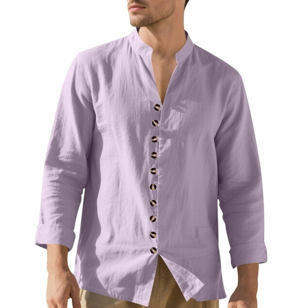 pstuiky camisas de manga larga para hombre, Camisas de lino para hombre, informales, de manga larga, con botones y cuello alto camisetas de hombre l
