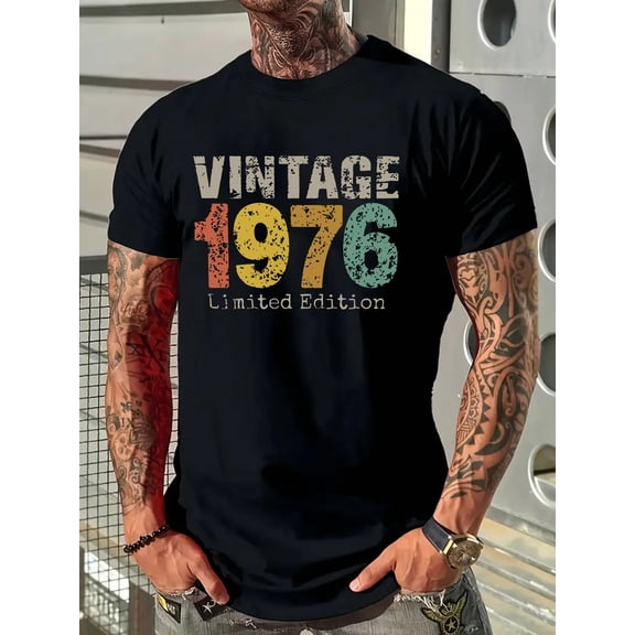 Men's Vintage 1976 Limited Edition T-Shirt - 40 Years Retro 70s Graphic Print, Micro-Stretch Knit Fabric, All-Season Fit Casual Tee with 1976 Year Print (Black)