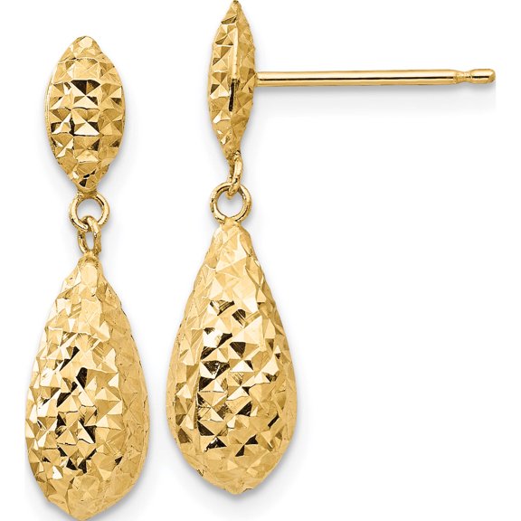 14K Yellow Gold Diamond-Cut Puff Teardrop Dangle Earrings (22 X 6) Made In Indonesia tl506