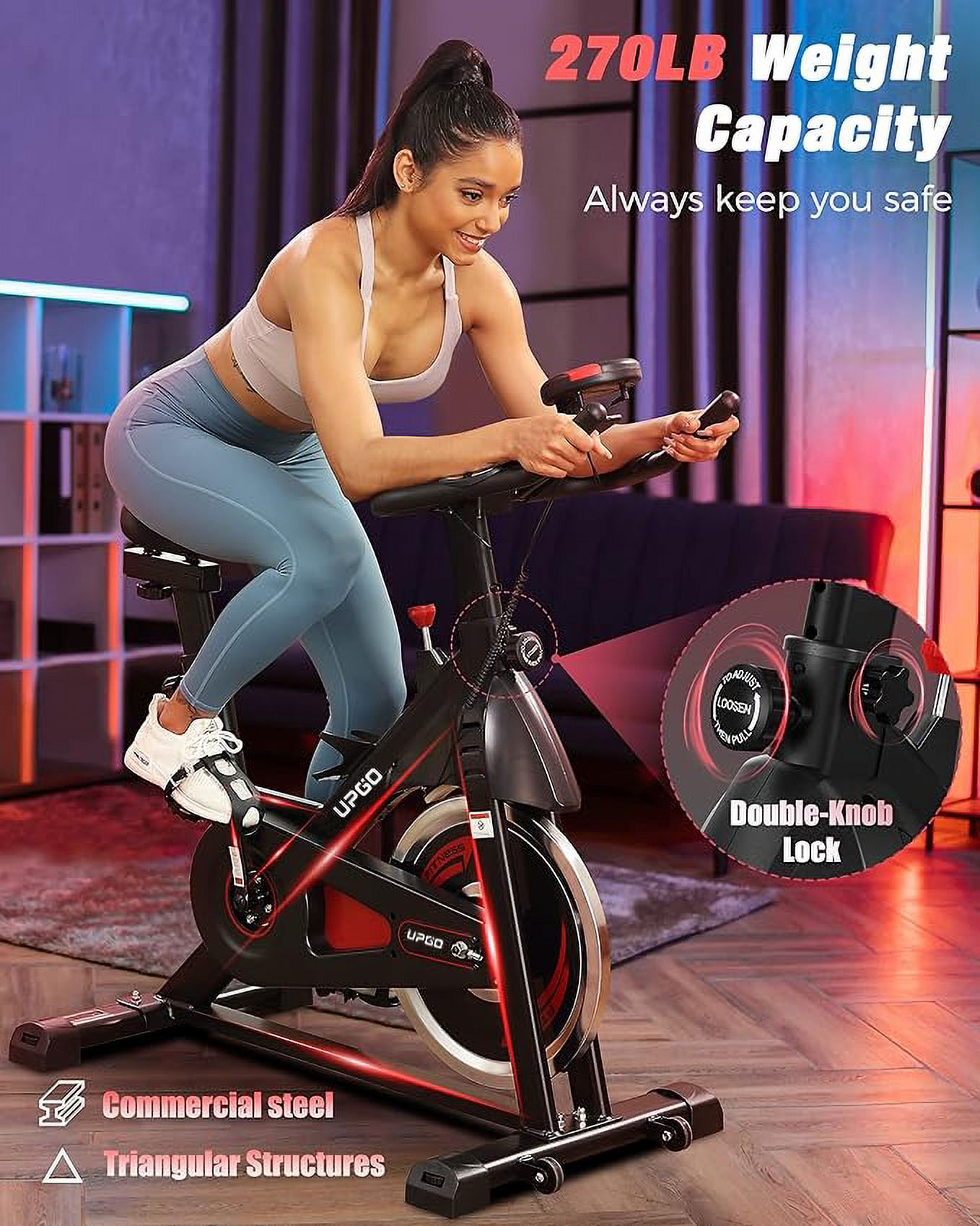 UPGO Exercise Bike-Stationary Indoor Cycling Bike for Home 270 Lbs Weight Capacity, Comfortable Seat Cushion and iPad Holder Red - image 5 of 7