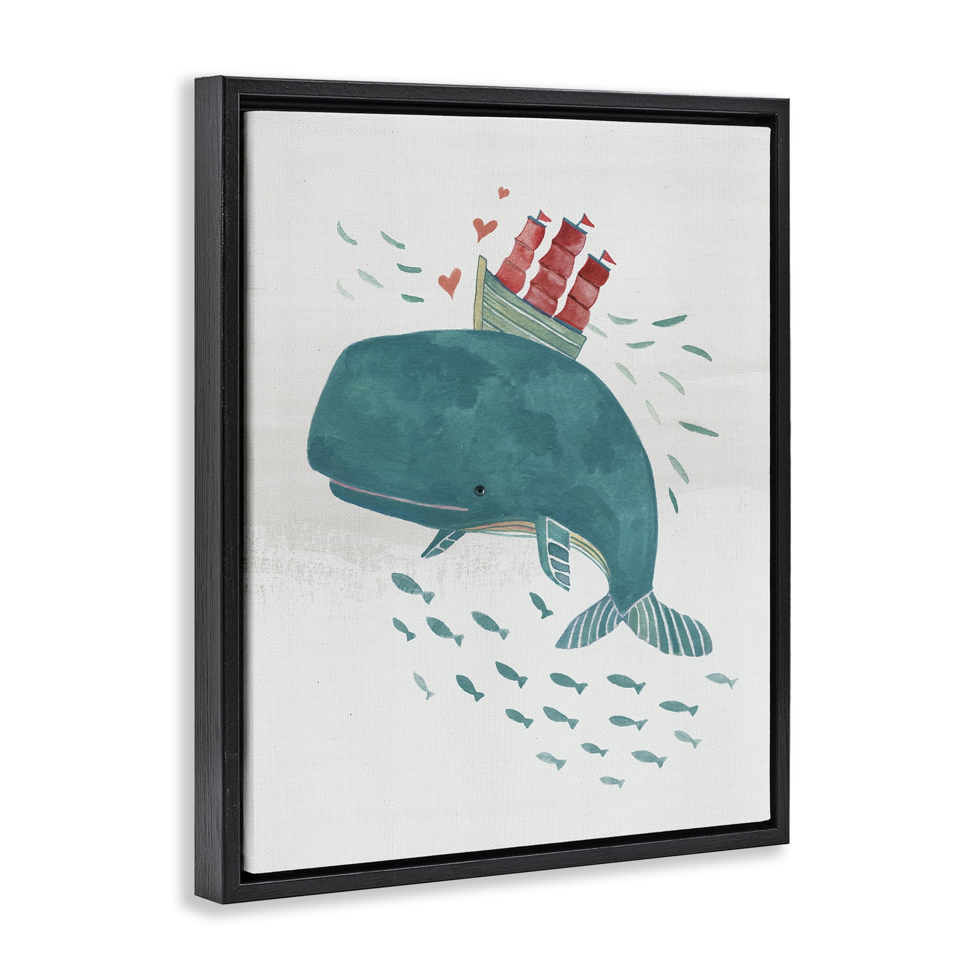 Stupell Industries Whale & Sailboat Diving Nautical & Beach Painting Black Floater Framed Canvas Art Print Wall Art, 17 x 21
