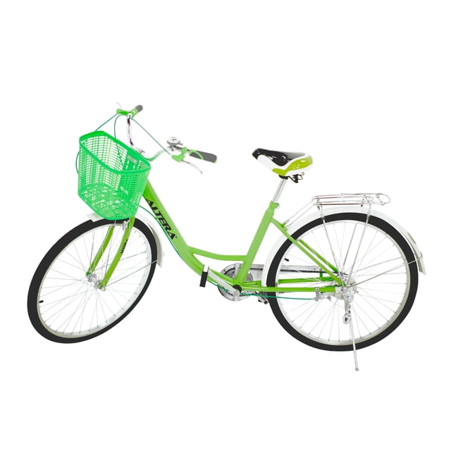 bicicleta urbana altera rbike-002 retro canastilla r26 verde. Bicicleta urbana verde con rueda de 26" para recorridos urbanos, canastilla frontal plástica, barra trasera tipo rack, asiento ergonómico acolchonado con resortes, freno doble en manubrio para rueda delantera y trasera, pedales con reflectores y salpicaderas; a menudo usada también para llevar compras ligeras.