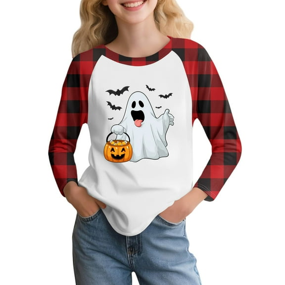 XADYUY Girls Halloween Shirts Size 7-8 Spooky Ghost Pumpkin Bat Graphic Tee Shirts for Girls Crewneck Raglan Long Sleeve Shirts for Kids Fall Funny Holiday Top for Girls,3-4 Years