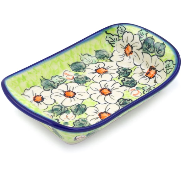 Polish Pottery 8¾-inch Platter with Handles (White Flower Bouquet Theme) Signature UNIKAT Hand Painted in Poland   Certificate of Authenticity