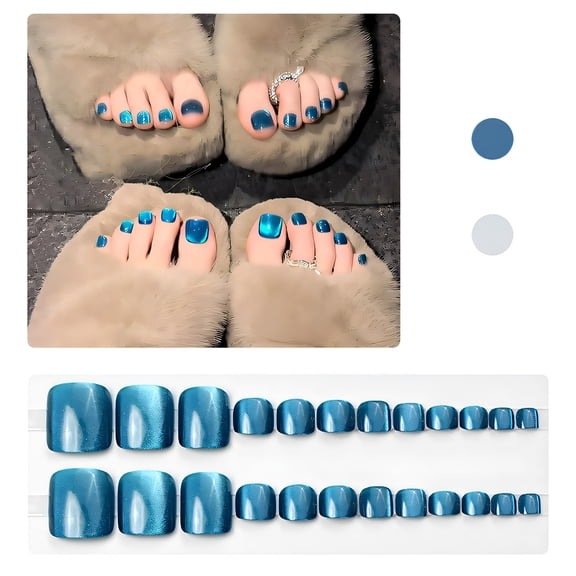 RAGUPEL 24Pcs Press on Toenails, Glossy Teal Blue Fake Toe Nails, Short Squoval False Toes with 12 Sizes, No Curling Edges Pedicure Kit for Women