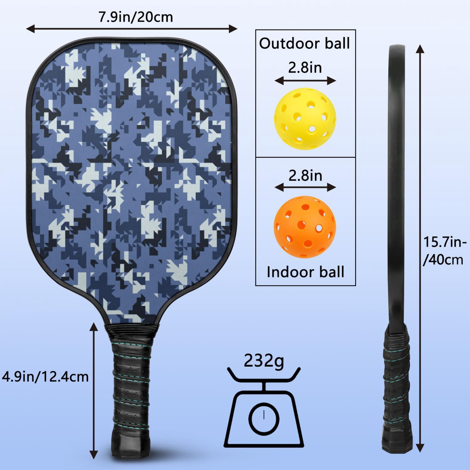 Pickleball Paddles Set Of 1, Fiberglass Surface, Camouflage Print, 1 Paddle, 2 Balls & Bag