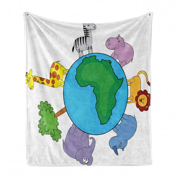 Zoo Soft Flannel Fleece Throw Blanket, World Continent Cartoon Animals Lion Giraffe Zebra Hippo, Cozy Plush for Indoor and Outdoor Use, 70" x 90", Multicolor, by Ambesonne
