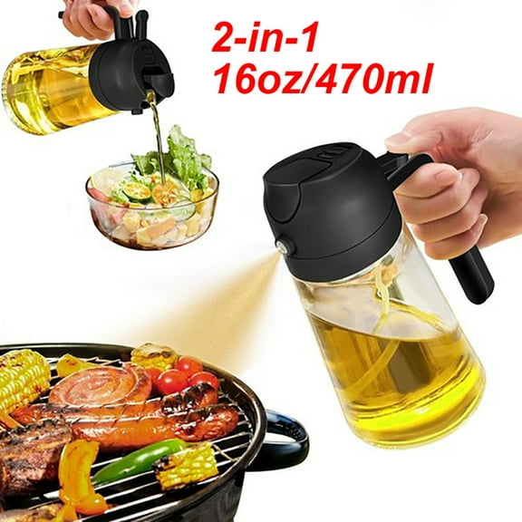 SJPACK 16oz 2-in-1 Olive Oil Dispenser Glass Bottle Sprayer Spray for Kitchen Cooking BBQ Black 470ml