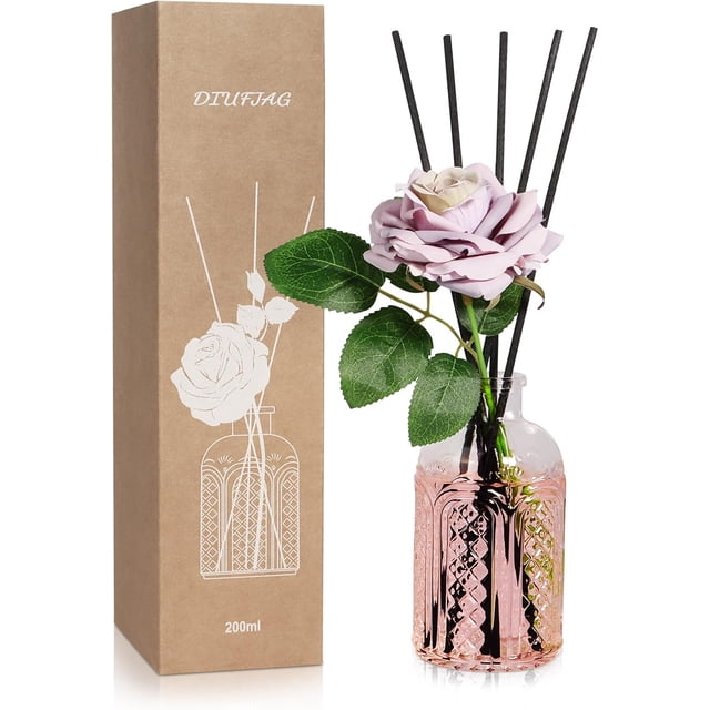 6.7 oz Rose Reed Diffusers with 5 Black Fiber Sticks Artificial Flower Leaf, 200 ml Scent Diffuser for Home Bathroom Decor, Long Lasting up to 50 Days