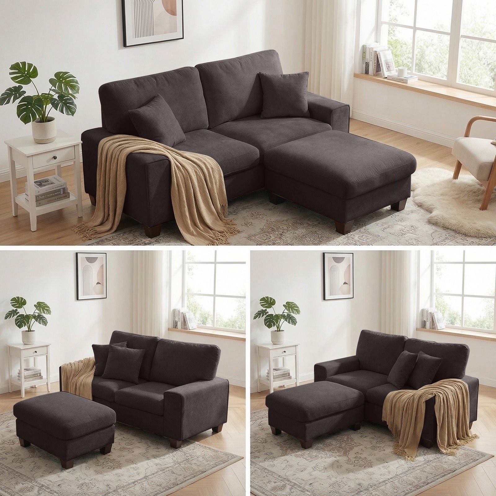 Poshby 88.58''W Sectional Sofa 3 Seater Couch with Chenille, Modern Square Arm for Living Room, Dark Gray