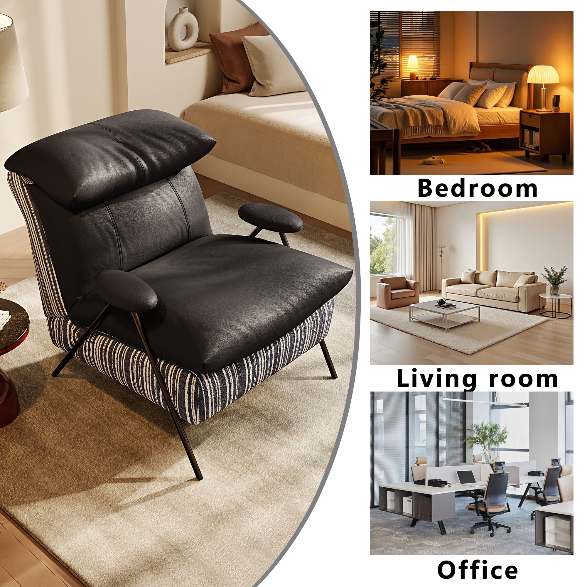 GARITIN Accent Chair and Reading Chair 31.8 Inch, Solid Wood Frame Lounge Chair with Velvet and Leather Upholstery for Living Room Bedroom, Black