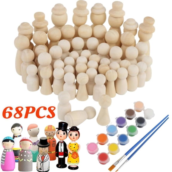 68 Pieces Wooden Peg People Wooden Peg Dolls Unfinished Wooden People Figures With Storage Case, Paints and Brushes for Craft Art Projects