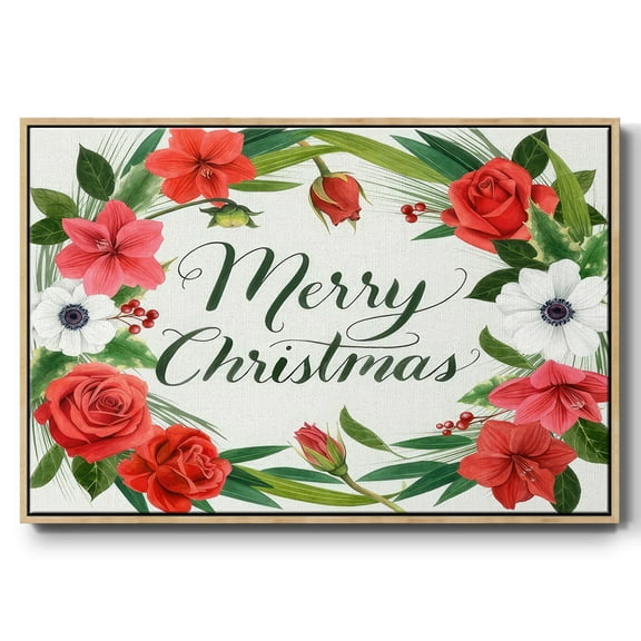 Christmas Flora Wreath Collection A - Framed Gallery Wrapped Holiday Canvas - 17 x 25 - Natural Wood Frame