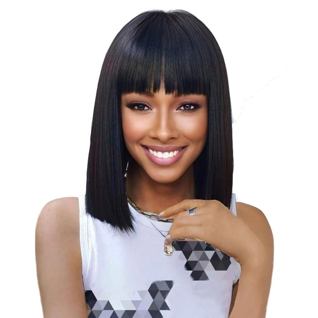 Mofyue Pelucas Cortas De Cabello Humano Negro Con Flequillo, Cuero Cabelludo Realista, Sin Pegamento, Peluca Frontal Sin Encaje Para Mujeres, Pelucas Bob De Corte Romo, 180% De Densidad (12 Pulgadas)