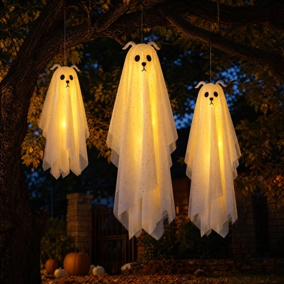 Clearance! Halloween Decorations Outdoor, 3 Pack Hanging Ghosts with Built-in Warm Lights, Flying Ghost Family Decor, Floating Gauze Ghost for Tree,Indoor Halloween Decorations