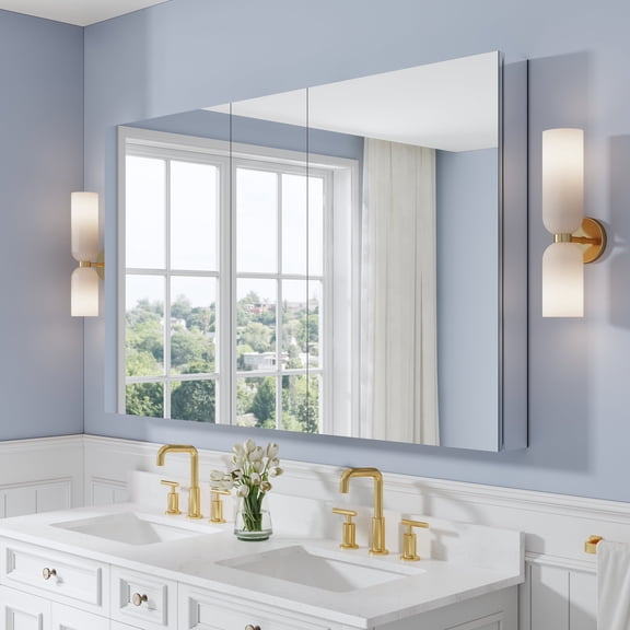 ANGELES HOME 60" x 36" Bi-View Mirror Medicine Cabinet, Aluminum Bathroom Cabinet with Storage, Recessed or Surface Mount