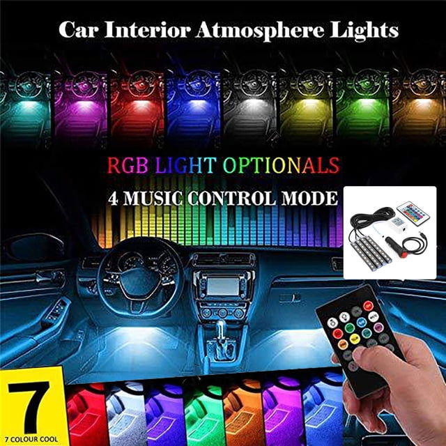Tira de luz interior de automóvil LED RGB de 4 piezas, kit de iluminación ambiental debajo del tablero con control remoto, luces decorativas de neón de 16 colores para los pies, tiras de LED