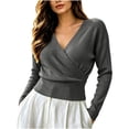 thumbnail image 2 of Bzdzmqm Womens V Neck Wrap Sweater Long Sleeve Ribbed Knit Slim Fit Pullover Top Fall Winter Office Work Wear, Dark Gray XL, 2 of 9
