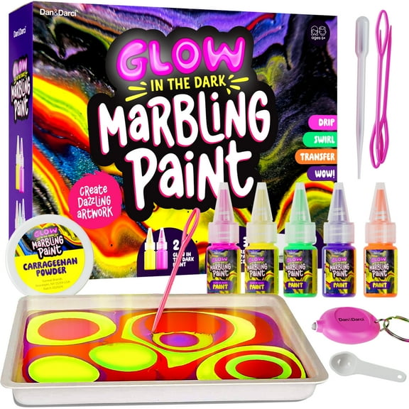 Glow in The Dark Marble Paint Kit for Kids - Water Marbling Painting Art Set for Boys & Girls Ages 6, 7, 8, 9, 10, 11, 12 Year Old - Kid Crafts Birthday Gifts Toys - Arts Craft Activities Gift