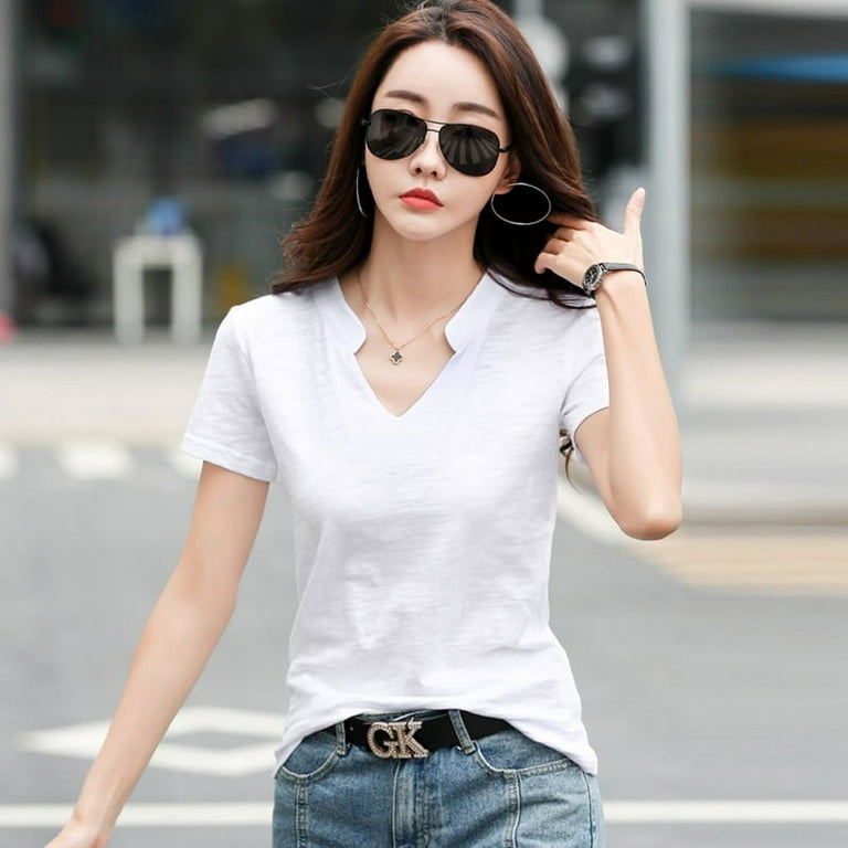 DanceeMangoo 95% Cotton Women's T-Shirt Casual V-Neck Short Sleeve Female  Tops New Summer Black White Fashion Casual Lady Tshirt 