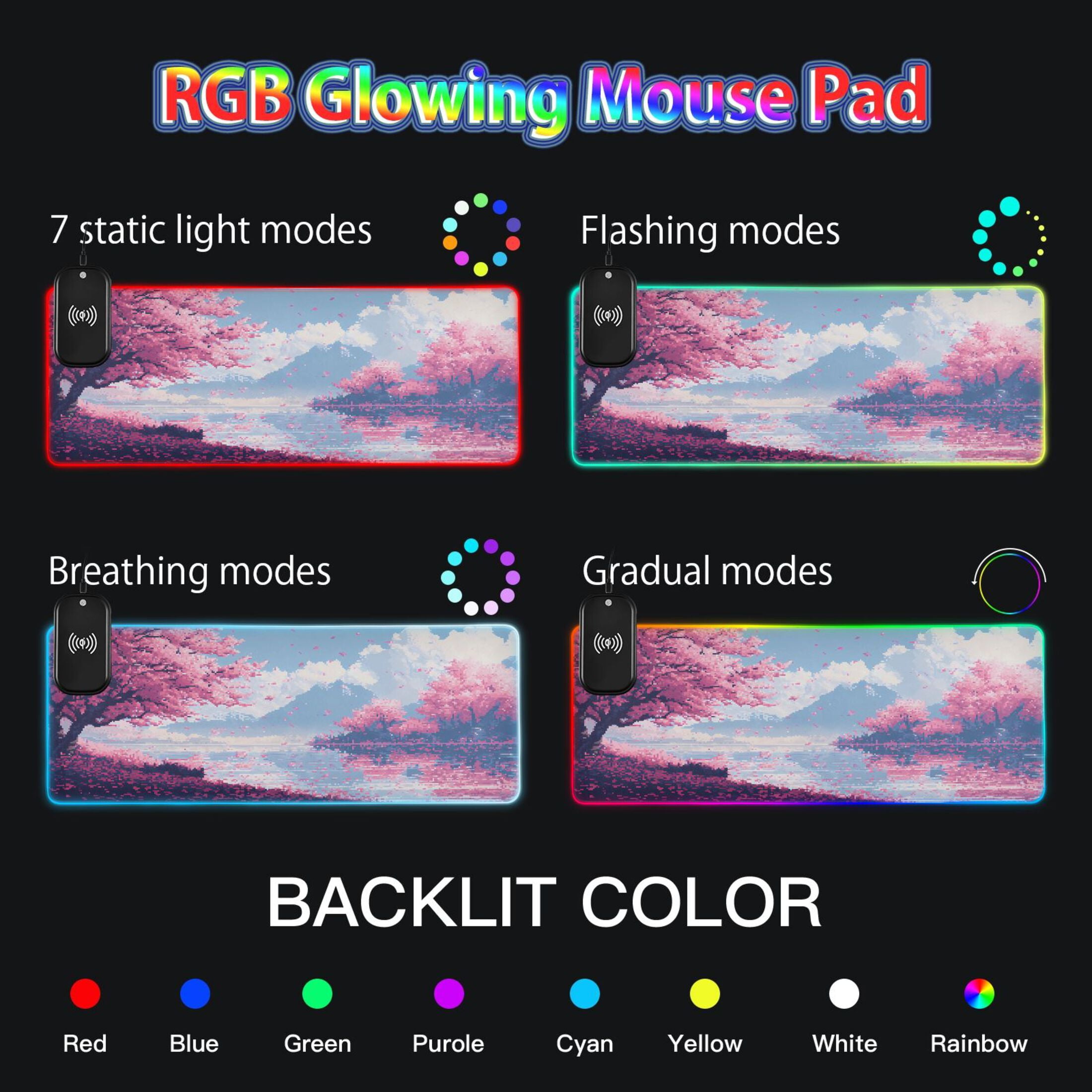 Wireless Charging Mouse Pad Large RGB Gaming Desk Mat 13 Light Modes Mousepad 35.4x15.7 Cherry Blossom Trees with Falling Petals