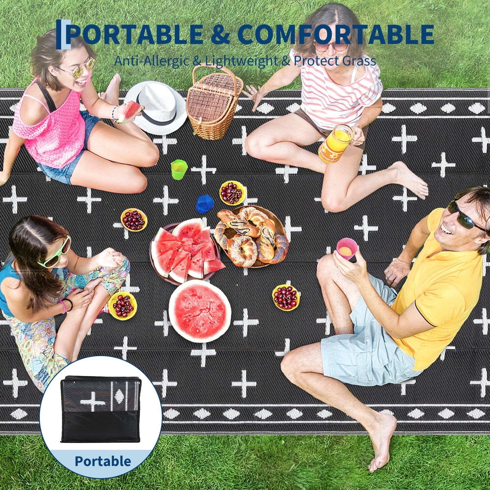 Large 9x18 Outdoor Area Rug, Waterproof Plastic Straw Mat with Framed Geometric Design for RV Awning, Patio, Deck, Garden, Camping, Beach and Backyard,Black White