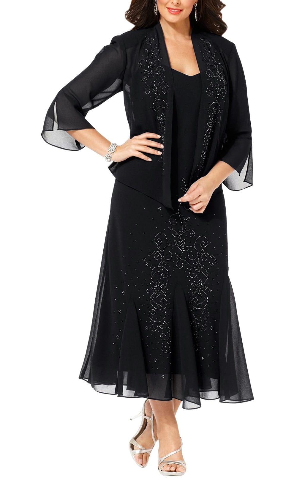 R\u0026M Richards Women's Plus Size Beaded Jacket Dress - Mother of The Bride Dresses, 30W Black
