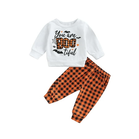 

jaweiw Baby Boys Girls Two Pieces Clothes Outfit Set Halloween Long Sleeve Letter Bat Spider Web Printed Tops and Plaid Pants 3-18M