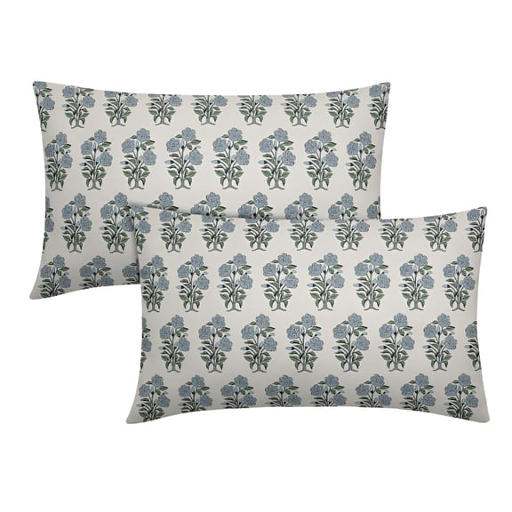 AUQ 2026 New Blue Green Floral Block Print Lumbar Pillow Covers 12X20 2Pcs Chinoiserie Flower Leaves Outdoor Throw Pillows Farmhouse Pillowcases Rectangle Cushion Case Decor for Home Sofa Couch Bed
