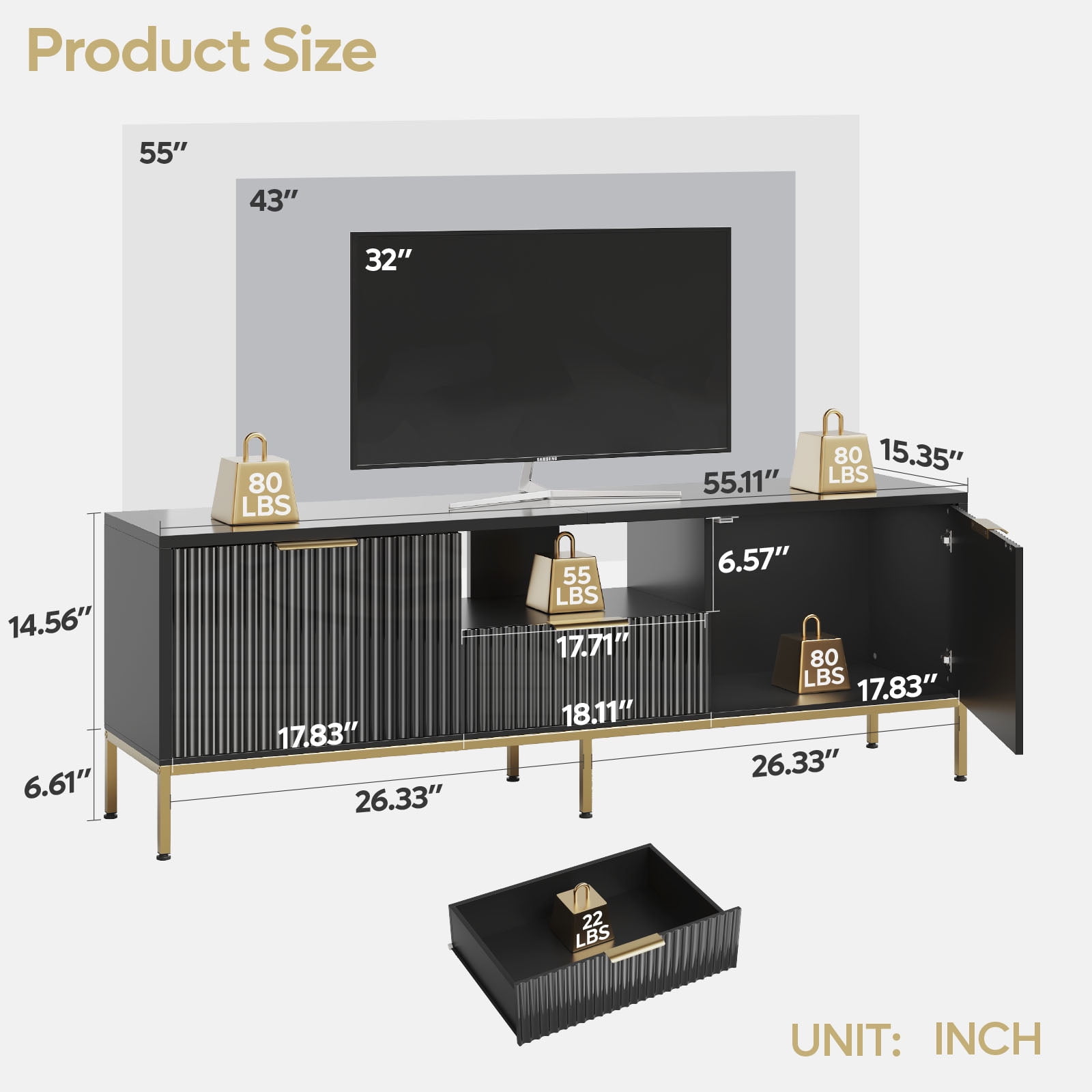 Bestier 55" LED TV Stand for TVs up to 60" Modern High Gloss Entertainment Center with Drawers Fluted TV Console, Black & Gold