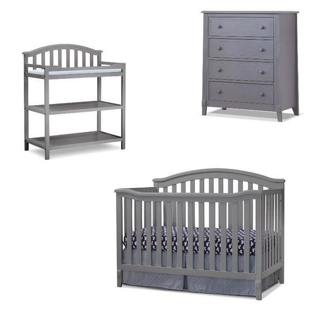 Baby Crib with Changing Table and 4 Drawer Dresser Chest Set in Gray