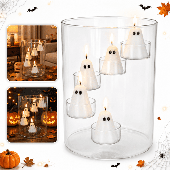 Clear Glass Ghost Candle Holder Set with 5 White Ghost Candles, 8.4 x 6 in Halloween Table Centerpiece for Mantel Shelf Party Decor