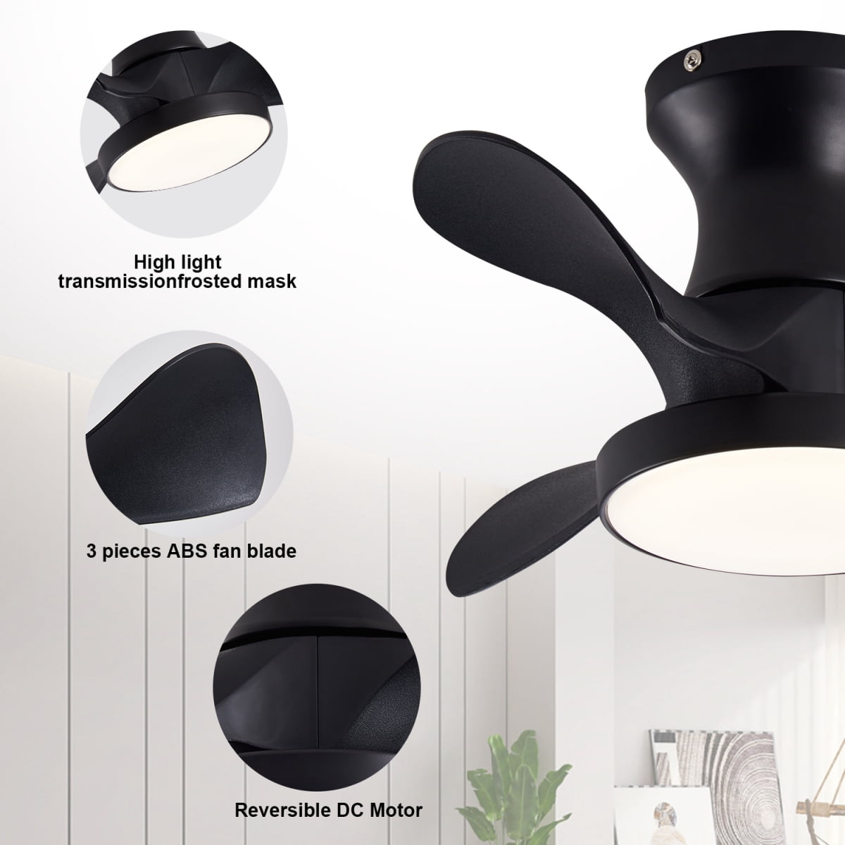 ABS Ceiling Fan with 3 Color Temperatures Light and Remote Control DC Motor Powerful Low Noise Small Space Ceiling Fan for Kitchen Bedroom Dining Room Toilet Patio Matte Black