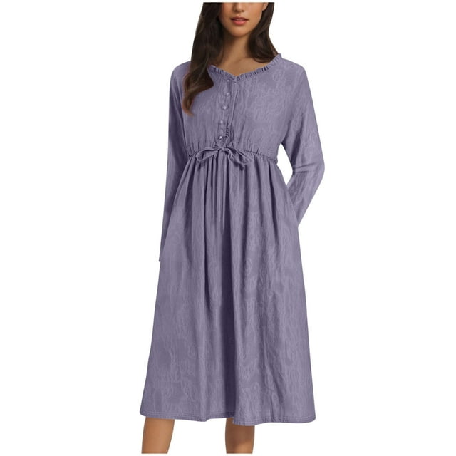 Ohufall Womens Button Down Maxi Fall Dress Turn Down Collar Baggy Lightweight Dresses Tummy Control Long Sleeve Flowy A-Line Dress