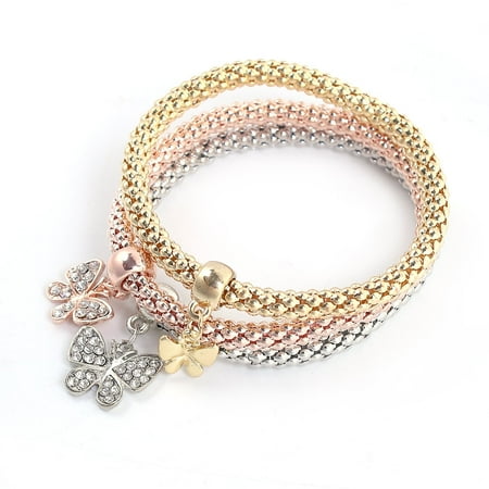 Lighthouse Charm Gold Plated - Butterfly Stretch Bracelets I's 3PCS Gold/Silver/Rose Gold Plated Popcorn Chain with Crystal Charms Multilayer Bracelets for Women