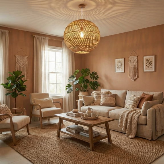 LittleGlovo Round Rattan Pendant Light For Kitchen Island