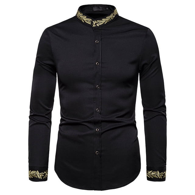 Camisa de blusa de manga larga bordada con botones casuales para hombres Pompotops oipoqjl30012