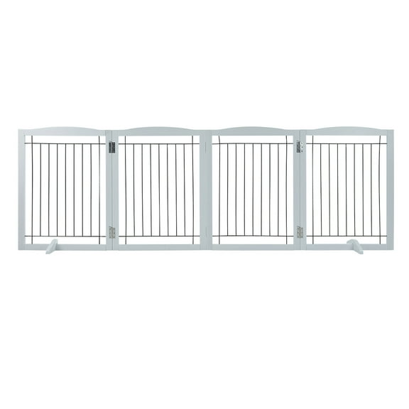 KFFKFF Dog Gate Freestanding, 32" H x 96.5" W Foldable Dog Fence for House Extra Wide Wooden White Indoor Puppy Gate Stairs Doorways Pet Gate Tall Dog Fence 4 Panels Fence, White