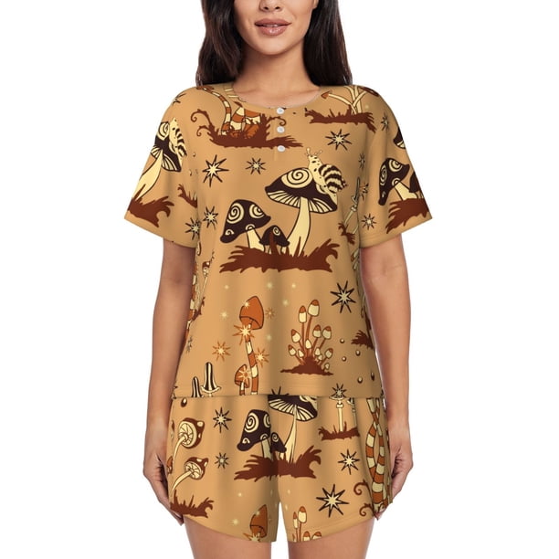 Balery Brown Mushrooms Conjunto de Pijama para Mujer con Estampado, Dos Piezas de Manga Corta y Shorts, Ropa de Dormir Suave con Cuello Redondo y Bolsillos-X-Large