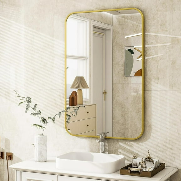Lumora 28.1"x20" Rectangle Wall Mirror Rounded Corner Wall-mounted Bathroom Mirror,Gold
