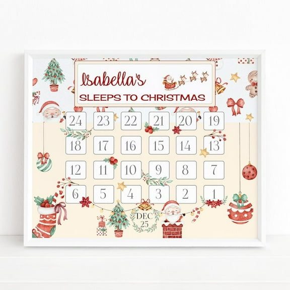Santa Countdown Calendar, How Many Sleeps To Christmas Eve, Cute Boy Girl Activity Poster Sign Editable Template P191- Wall Art Print, 8x12 UNFRAMED
