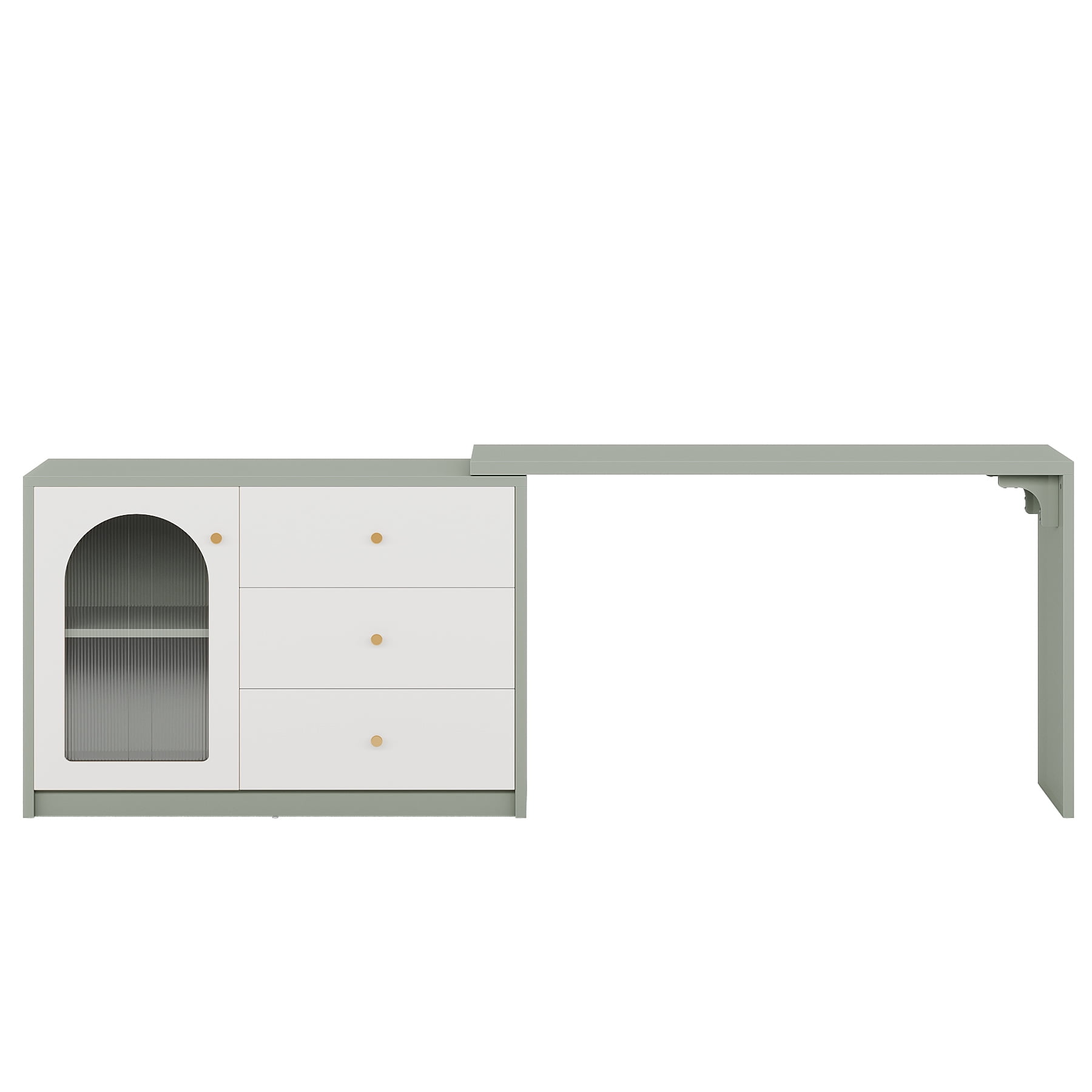 Fnova 48" Table for Nail Tech, Modern Stretchable L-Shaped Nail Corner Desk Station with Cabinet and 2 Drawers, Beauty Salon Workstation Decor with Storage Shelves, White Green