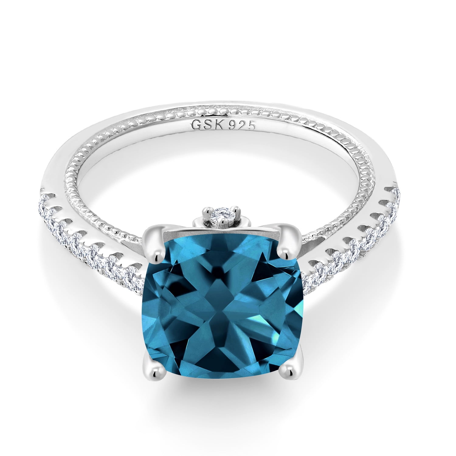 Gem Stone King 5.47 Cttw London Blue Topaz and White Created Sapphire Ring for Women | 925 Sterling Silver | Cushion 10MM | Wedding Engagement Anniversary Promise Ring for Women | Size 5