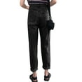 thumbnail image 3 of Feinuhan Women Jeans High Waisted Frayed Ripped Knee Distressed Loose Denim Pants, Black, Large, 3 of 6