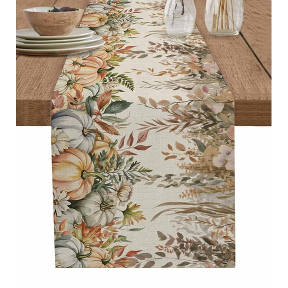Pumpkins Fall Table Runner 72 Inches, Thanksgiving Botanical Eucalyptus Leaves Rustic Bed Runner Dresser Scarves Tabletop for Indoor Outdoor Parties/Ceremony/Banquet, 18" x 72"
