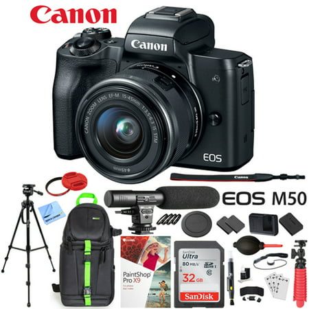 Canon EOS M50 Mirrorless Camera with 4K Video and EF-M 15-45mm Lens Kit (Black) Deluxe 32GB Triple Battery Bundle with Shotgun Mic, Deco Gear Backpack, Tripod and