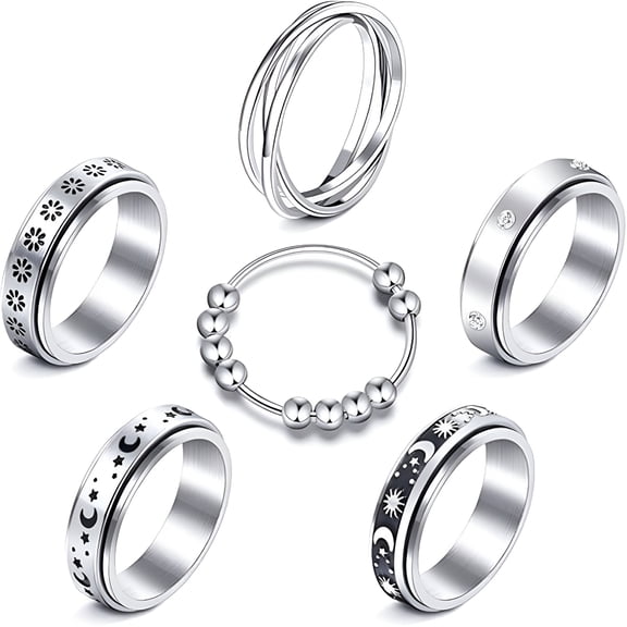DESIGNICE 8Pcs Fidget Spinner Rings for Anxiety, Stainless Steel Stress Relief Spinning Ring with Moon Star Design, Anti Anxiety Rings for Women Men