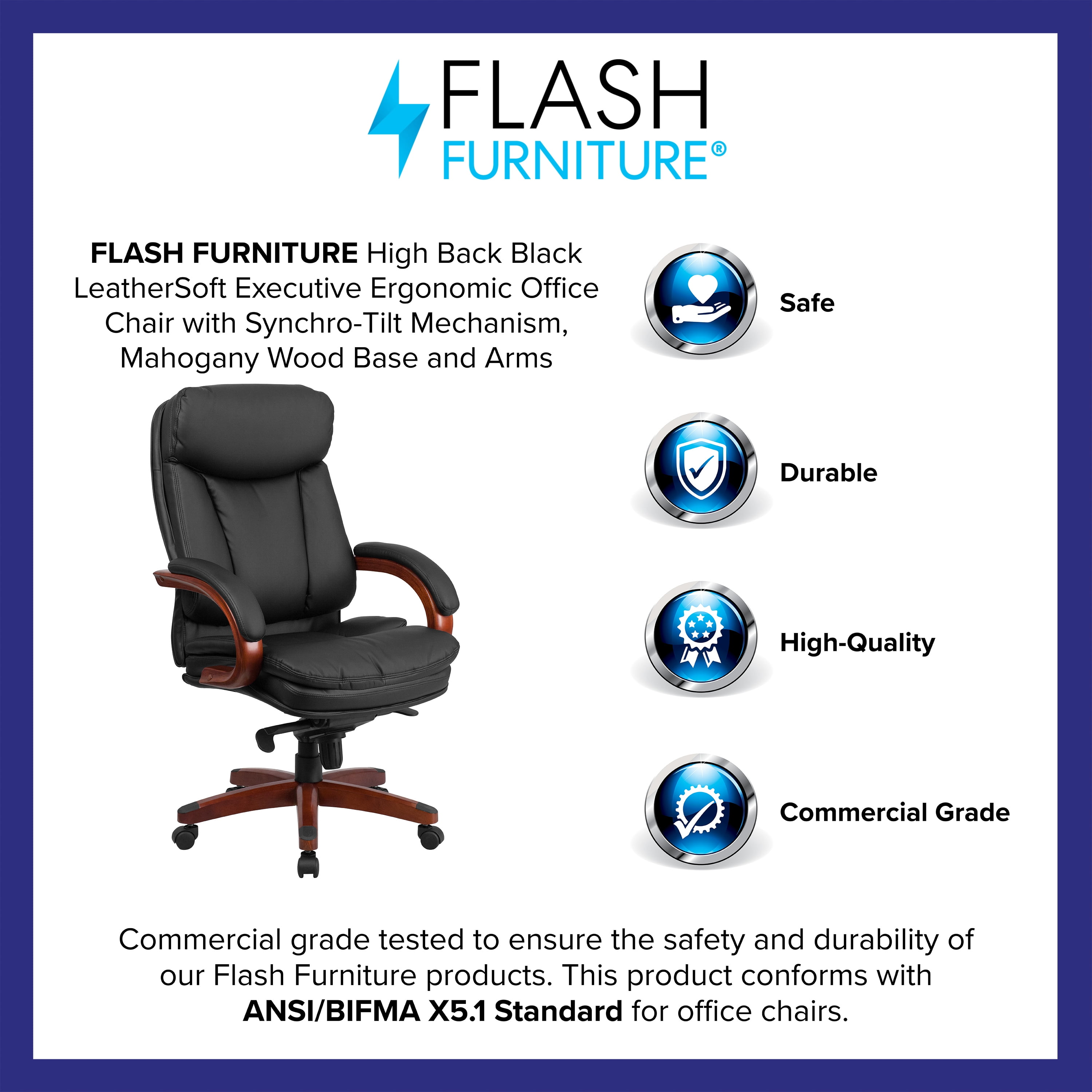 Emma + Oliver High Back Black LeatherSoft Synchro-Tilt Ergonomic Office Chair with Wood Base