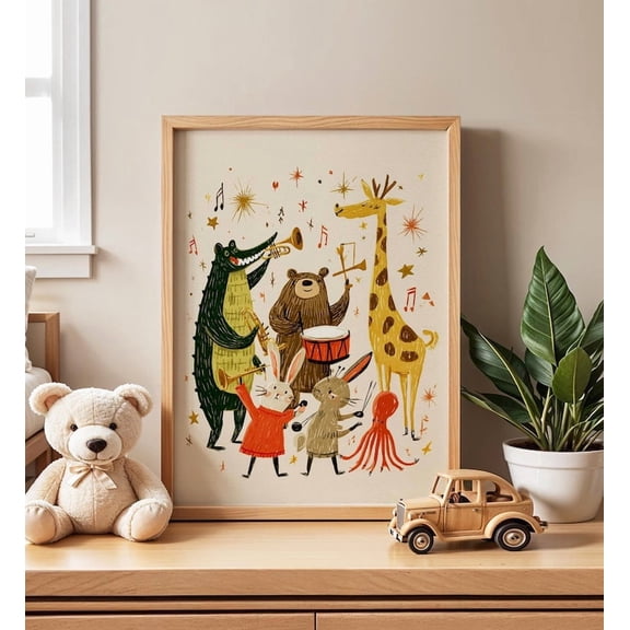 Animal Nursery Wall Art, Whimsical Illustration, Cute Kids Music Print, Playful Baby Room Poster, Jungle Animal Nursery Decor Unframed Poster
