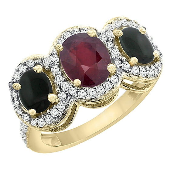 14K Yellow Gold Natural HQ Ruby & Black Onyx 3-Stone Ring Oval Diamond Accent, size 8